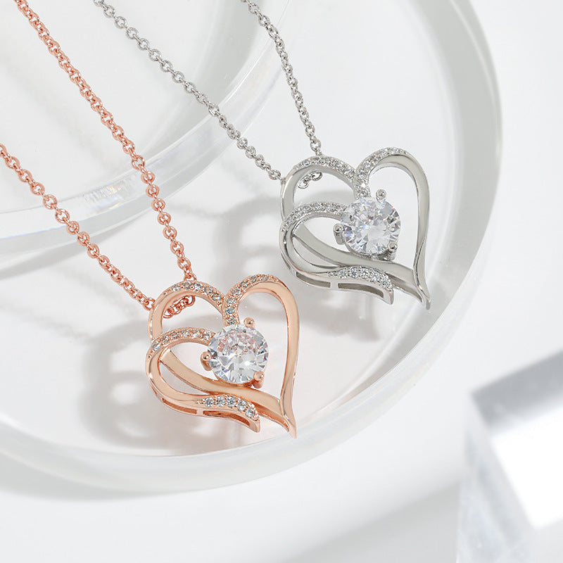 Zircon Double Love Necklace With Rhinestones Personalized Heart-shaped Necklace Clavicle Chain Jewelry For Women Valentine's Day