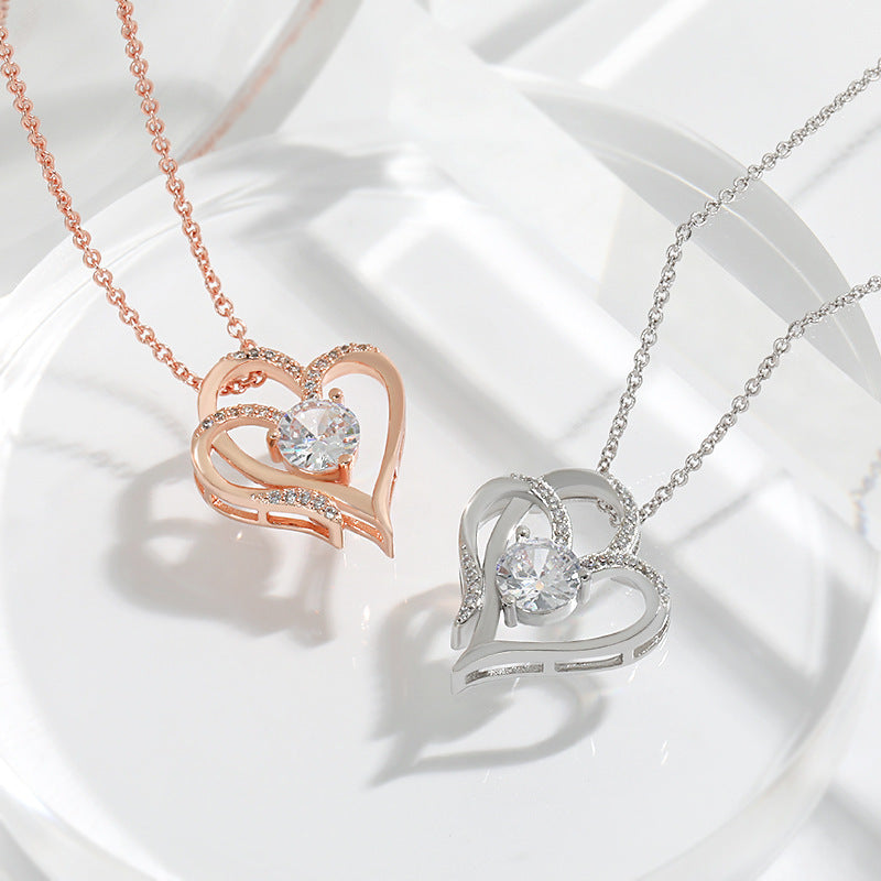Zircon Double Love Necklace With Rhinestones Personalized Heart-shaped Necklace Clavicle Chain Jewelry For Women Valentine's Day