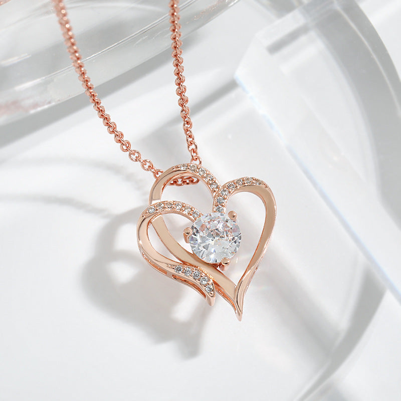 Zircon Double Love Necklace With Rhinestones  Personalized Heart-shaped Necklace Clavicle Chain Jewelry For Women Valentine's Day