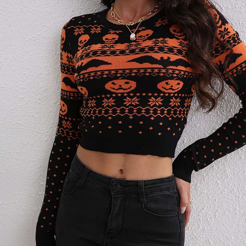 Women's Contrast Color Jacquard Fashion Round Neck Sweater halloween