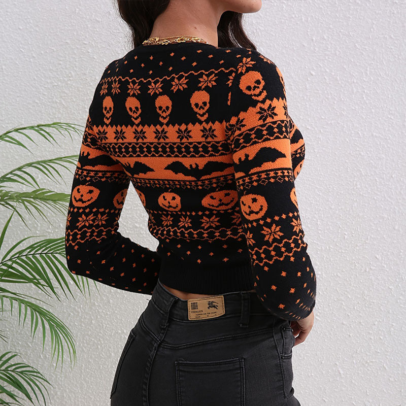 Women's Contrast Color Jacquard Fashion Round Neck Sweater halloween